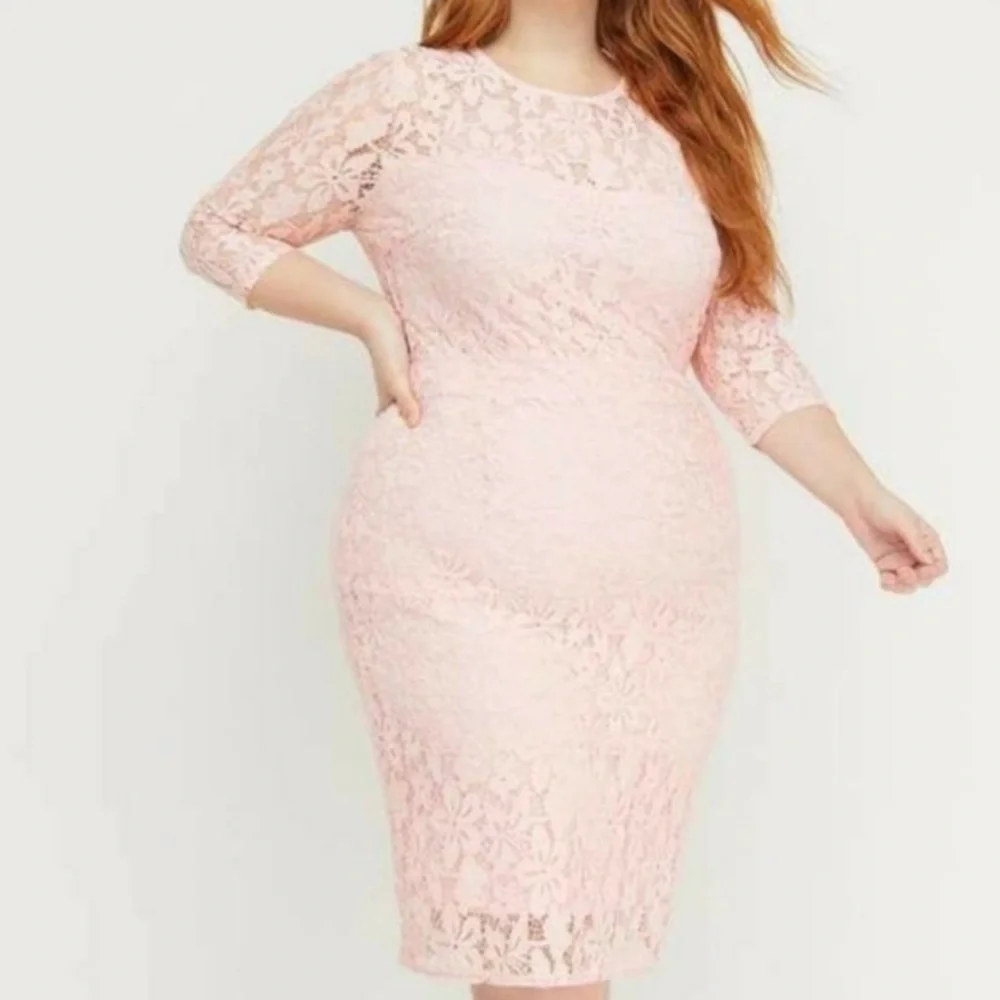 Beauticurve X Lane Bryant Pink Lace 3/4 Sleeves Bodycon Dress Women’s 14 NWT